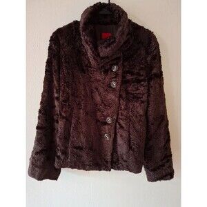 Espirit dark brown faux fur short coat featuring an asymmetrical button closure